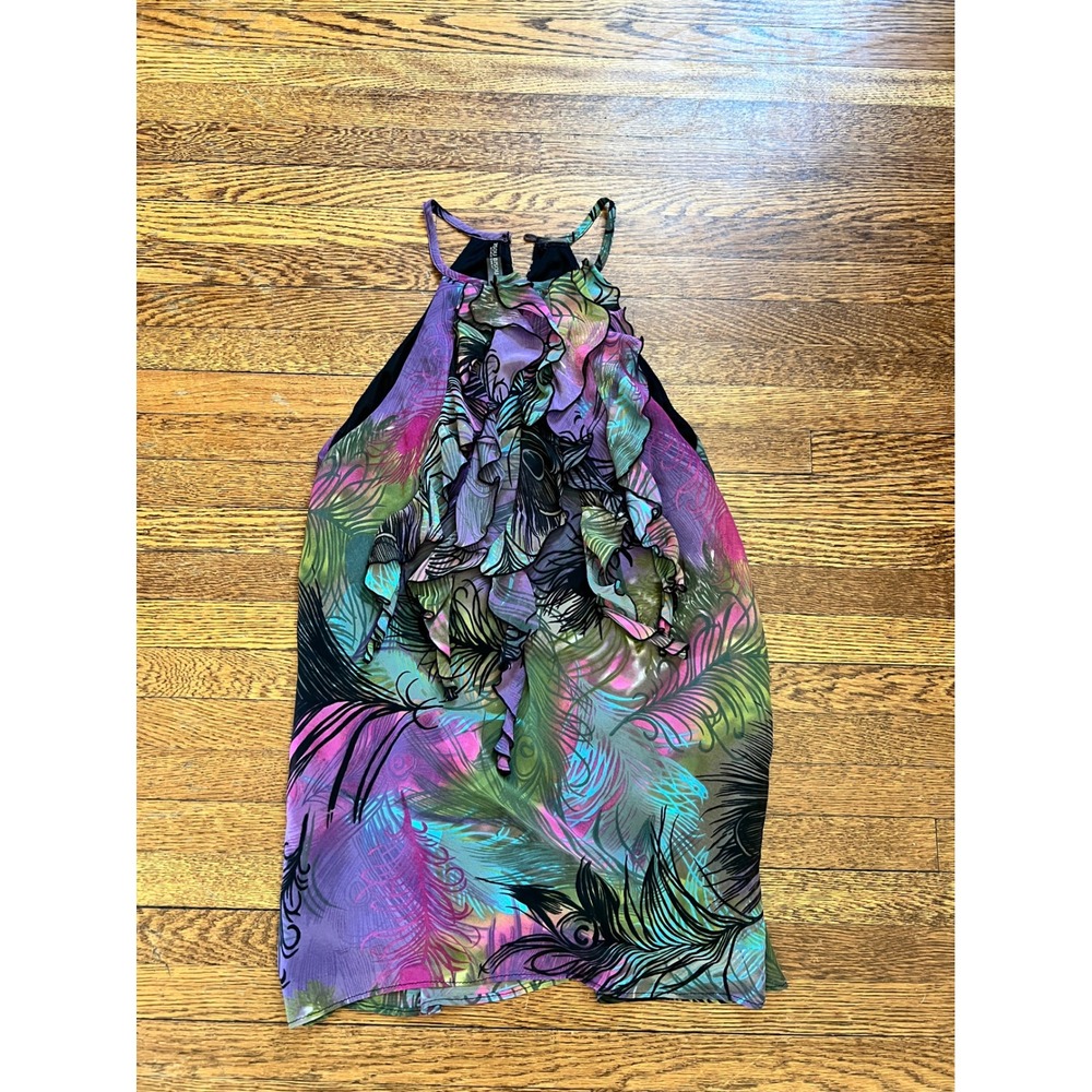 Bisou Bisou Michele Bohbot Peacock Feather Print Ruffle Halter Top Purple Green
